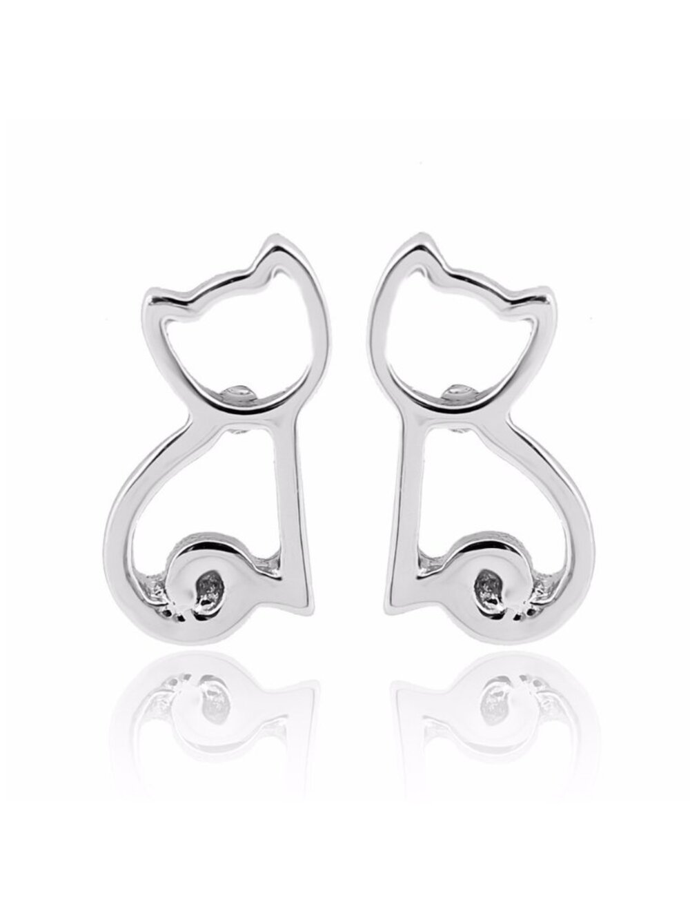 Small Cat Kitten Shaped Cute Silver Stud Earrings